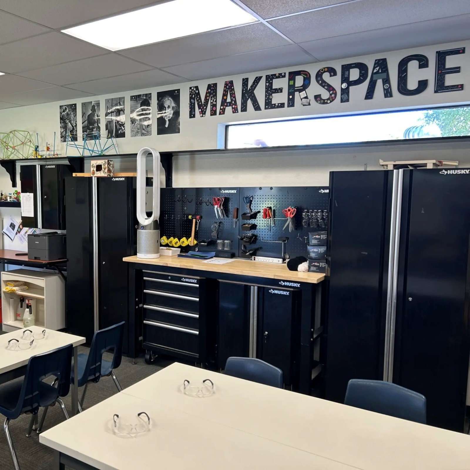 Tools, workbenches, and student projects in Benchmark's Makerspace